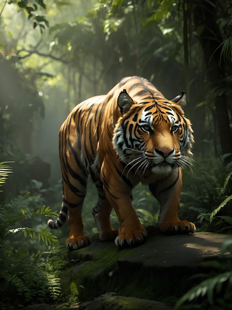 Tiger naturepunk walks through the jungle