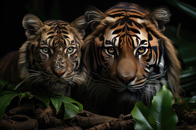 Tiger and owl share trunk in the lush jungle generative IA