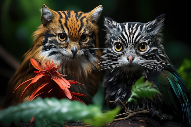 Tiger and owl share trunk in the lush jungle generative IA