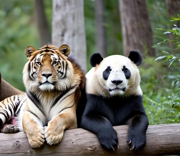 Photo a tiger and a panda as friends