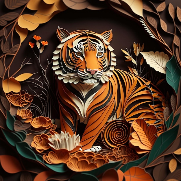 Tiger paper quilling art fantasy background wallpaper image AI generated art