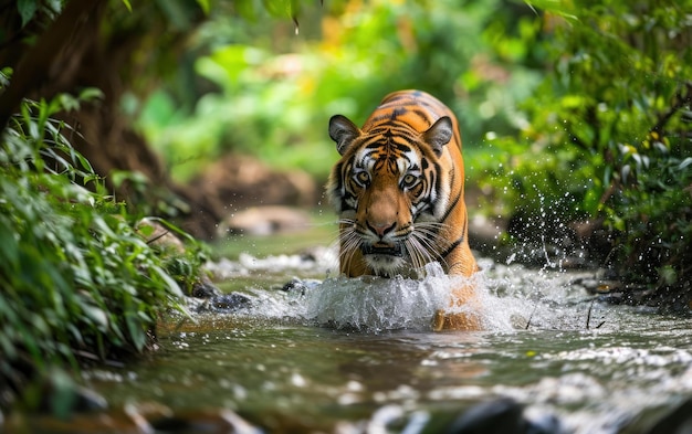 tiger playfully splashing in a jungle stream