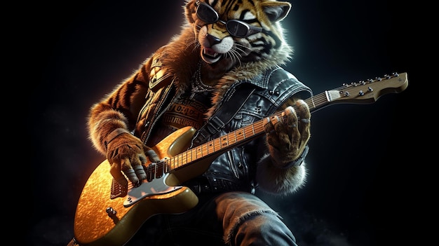 Тигр играет на гитаре на рок-концерте