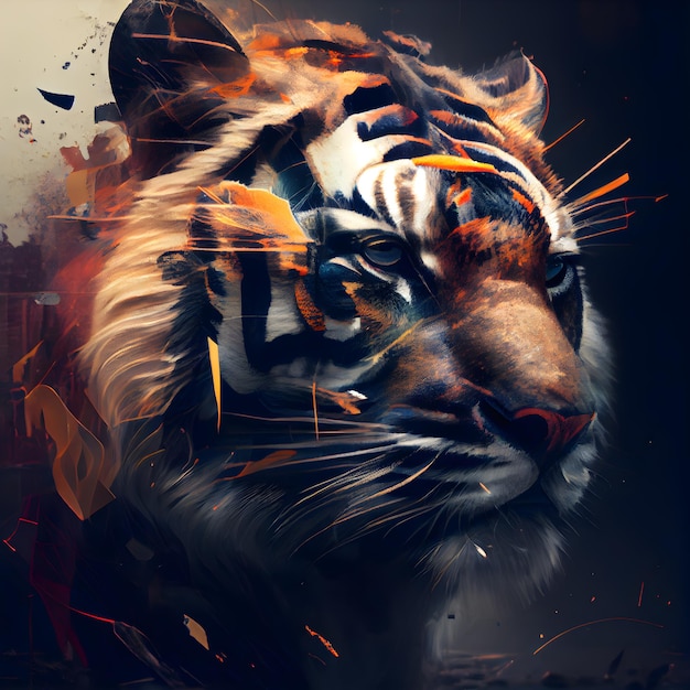 Tiger portrait with fire effect Digital painting Colorful background