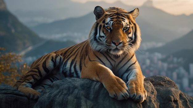 Photo tiger pose while sitting on rocks on top of a mountain