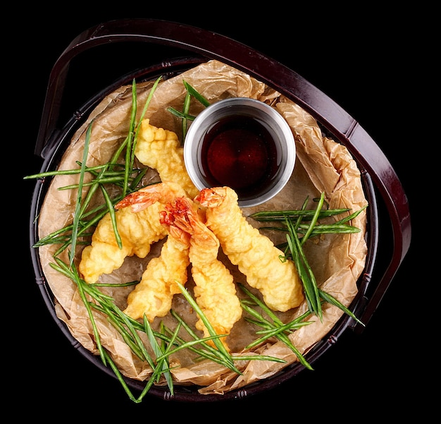 Tiger prawns in batter Ebi tempura on dark background