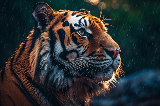 a tiger in the rain staring at something