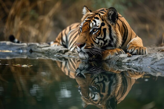 Photo a tiger in a reflective moment by a serene waterhole