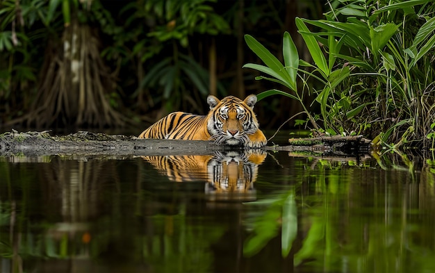 Фото Тигр расслабляется в потоке генеративный ии