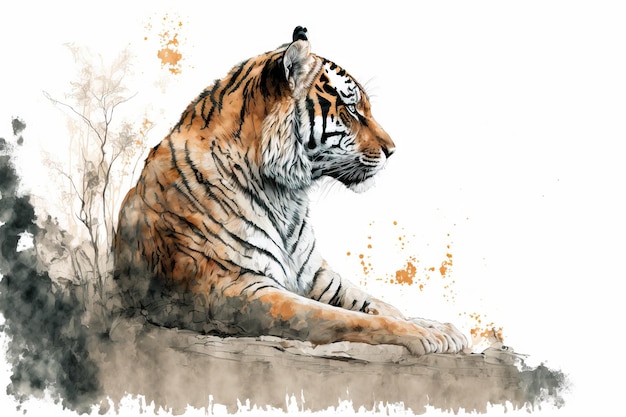 Тигр отдыхает один на белом фоне