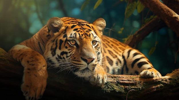 Тигр отдыхает на ветке лесного дерева
