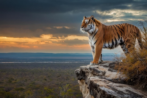 Photo tiger resting on a rock during sunset