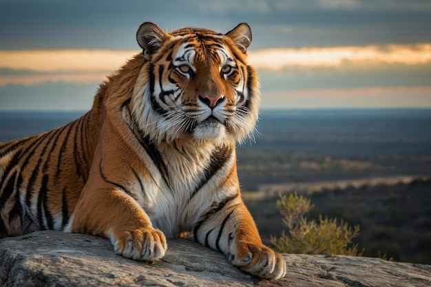 Тигр, отдыхающий на скале во время захода солнца