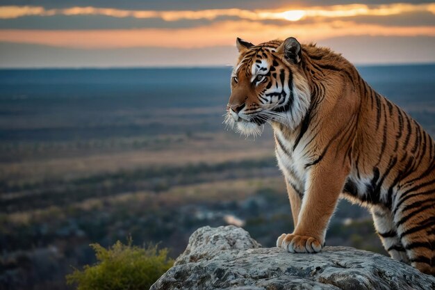 夕暮れの際に岩の上に休んでいる虎