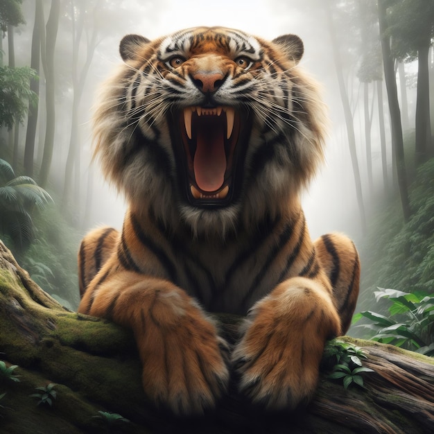 Тигр ревет в лесу на белом фоне.