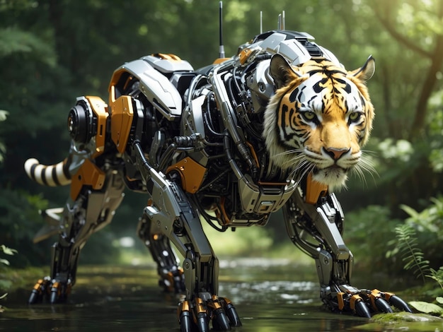 Foto un robot tigre che cammina attraverso un fiume nei boschi con alberi sullo sfondo