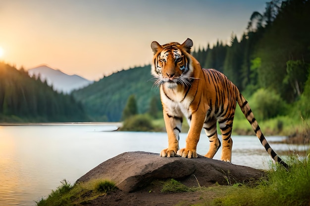 A tiger on a rock by a lake