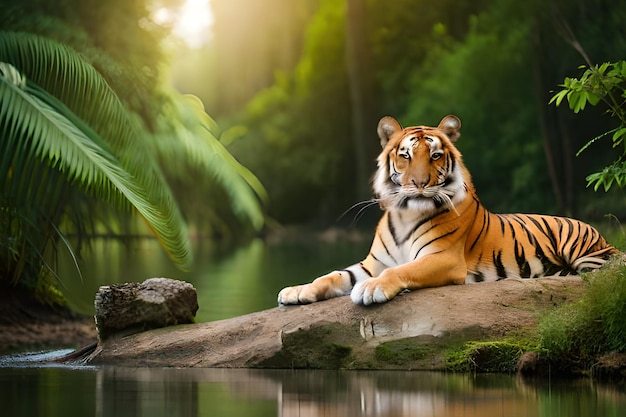 Tiger on a rock by the water