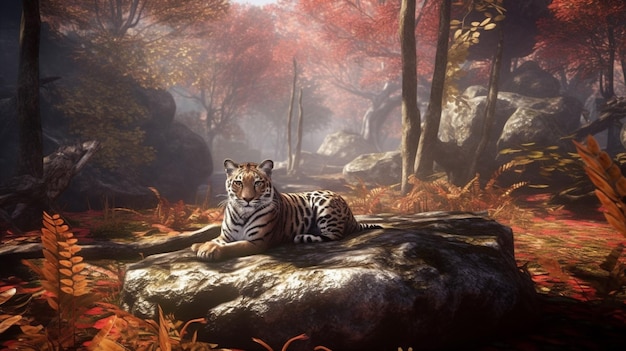 Photo a tiger on a rock in the forest