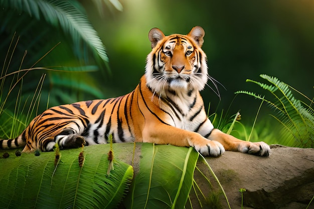 Тигр на скале в джунглях