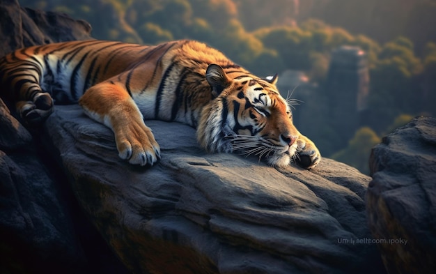 A tiger on a rock with a painting of a tiger on it.