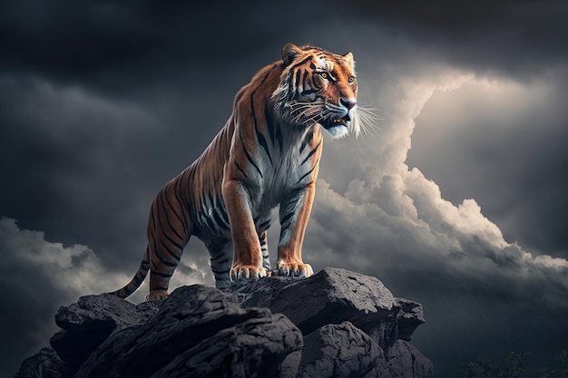 A tiger on a rock with a stormy sky behind it