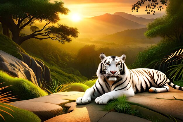 A tiger on a rock with the sun setting behind it