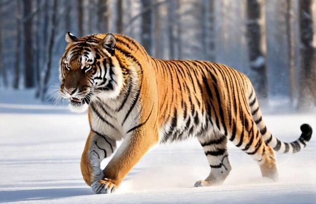 Photo tiger running on background track desert nature wildlife and snow