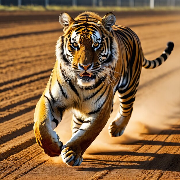 Foto tigre in corsa sulla pista sullo sfondo natura del deserto fauna selvatica e neve