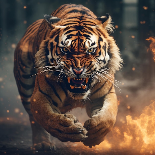 Premium AI Image | a tiger running on fire