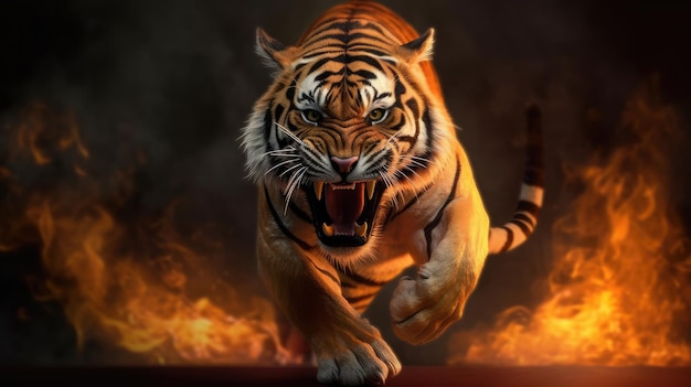 A tiger running in flames with flames on the background