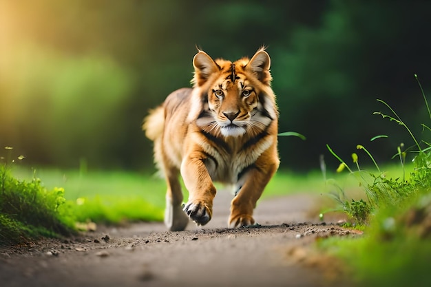 a tiger running on a path in the forest