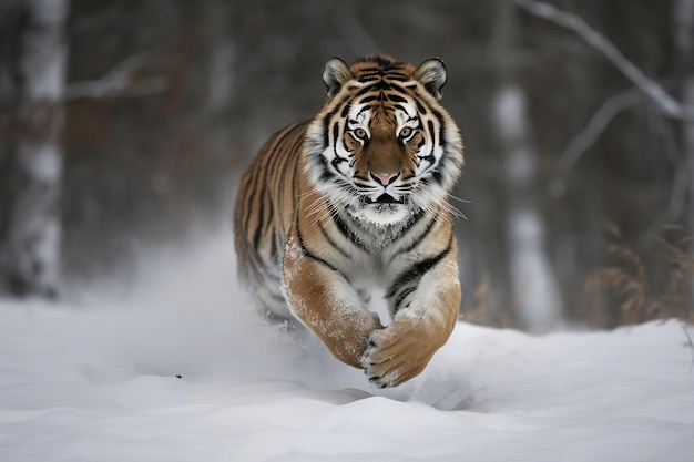 Tiger running in the snow