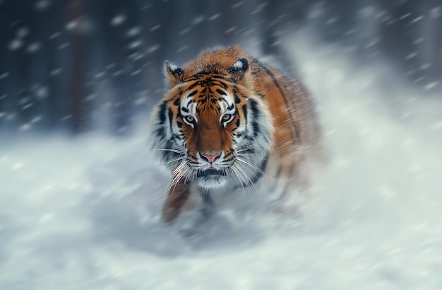 Tiger running through deep snow in a harsh winter landscape Tiger in wild winter nature