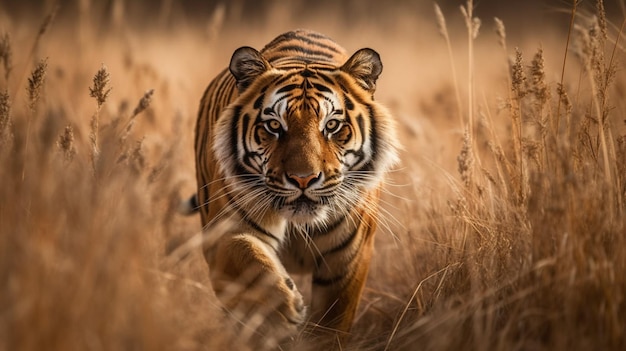 A tiger running through a field