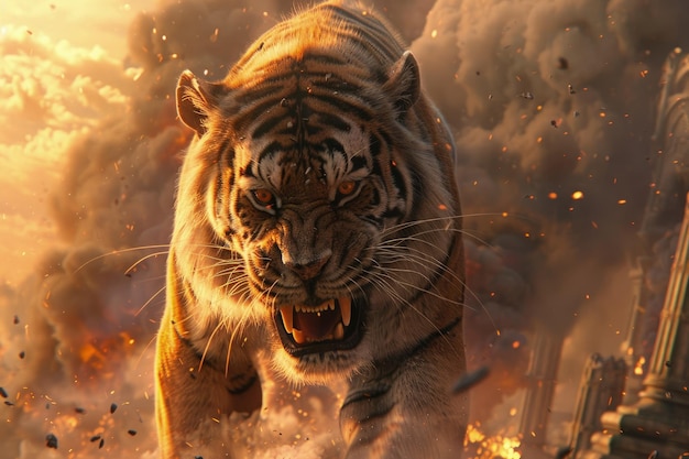 A tiger running through a fire filled sky