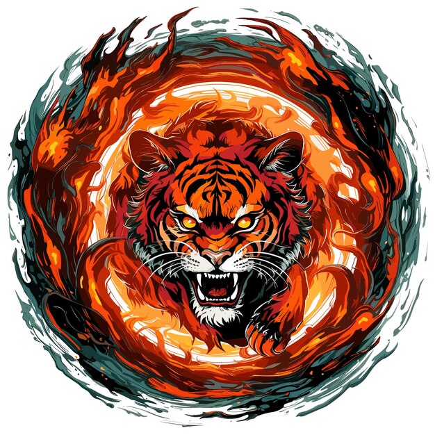 Photo tiger running through fire in vector pop art style