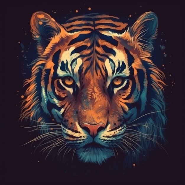 A tiger's face is on a dark background.