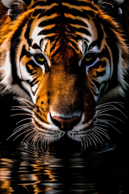 A tiger's face is reflected in the water.