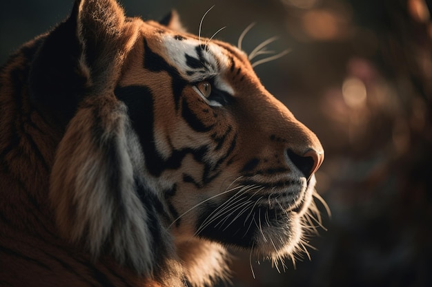 A tiger's face is shown against a dark background.