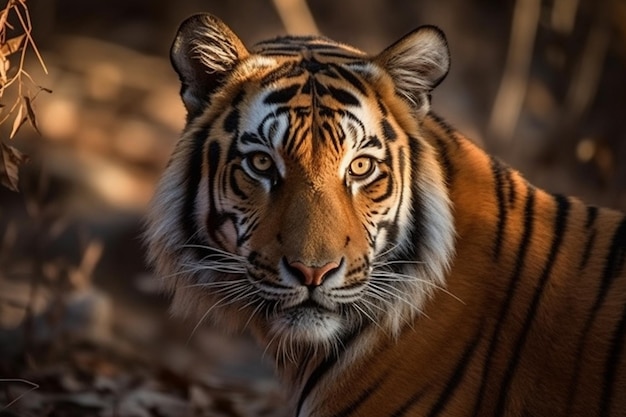 A tiger's face is shown in the dark.