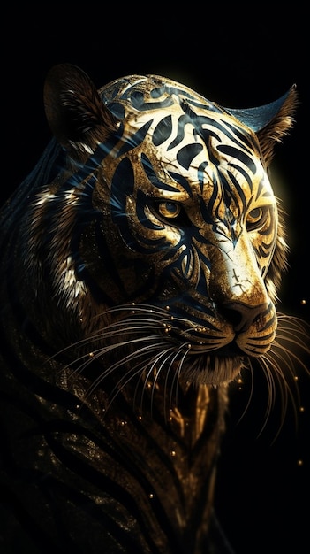 A tiger's face is shown in gold paint.