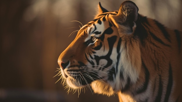 A tiger's face is shown in the light.