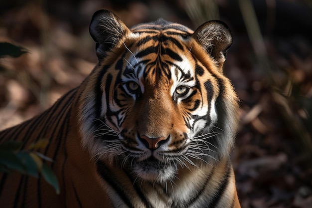 A tiger's face is shown in the wild.