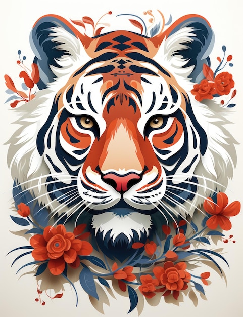 A tiger's face is surrounded by red flowers