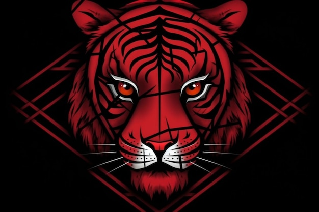 A tiger's face with a black background and a red background.