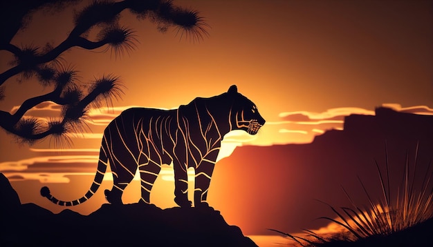 Tiger silhouette on a hill at sunset savanna Generative AI