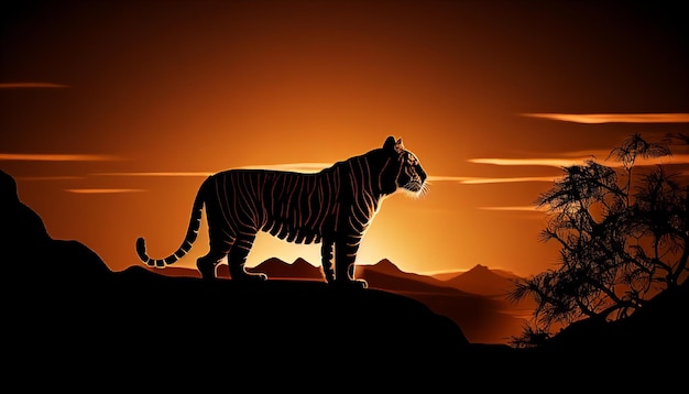 Силуэт тигра на холме на закате саванны Генеративный AI
