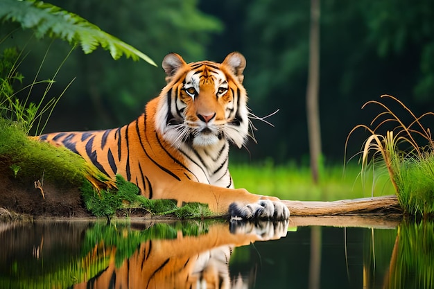 A tiger sits in a pond in the forest.