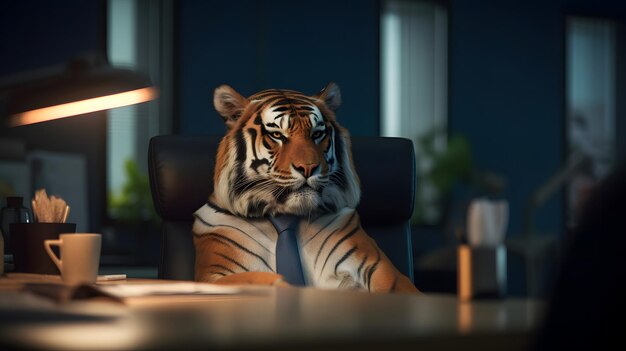 A tiger sitting at a desk in an office